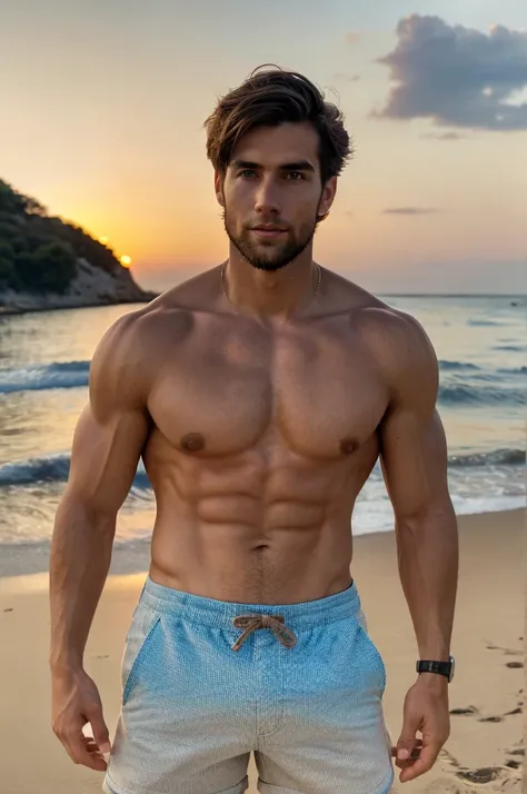 standing on the beautiful beach in croatia wearing shorts upper body naked ,beautiful colorful sundowner , Best quality, High definition,full body, ultra high def, (photoreallistic: 1.4), only ,a beautiful boy named harry 27 years old from paris with brown...