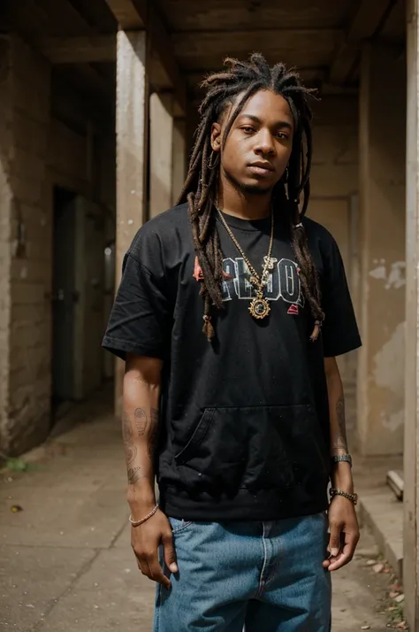 American hip-hop artist with short dreadlock posing