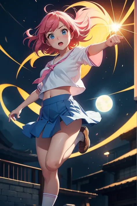 Generate dynamic vector image depicting an high school girl character with full body action pose, short pink hair, white shirt, blue skirt, red lace, reflecting the vibrancy and individuality of today’s teenage culture. high quality, 8K Ultra HD, night cit...