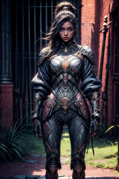 A powerful and noble warrior, wearing a majestic armor, standing tall and confident in a beautiful garden scene. The warrior exudes strength and leadership with a commanding presence. The armor is intricately detailed, with shining metallic surfaces reflec...