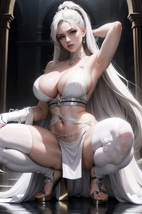 masterpiece, highest quality, (perfect face:1.1) , (high detail:1.1), dramatic, 5 girls, metal gauntlets, breasts, white hair, red eyes, cleavage, long hair, curvy, large breasts, moon, see-through, night, dress, laced dress, thighs, exposed navel with pie...