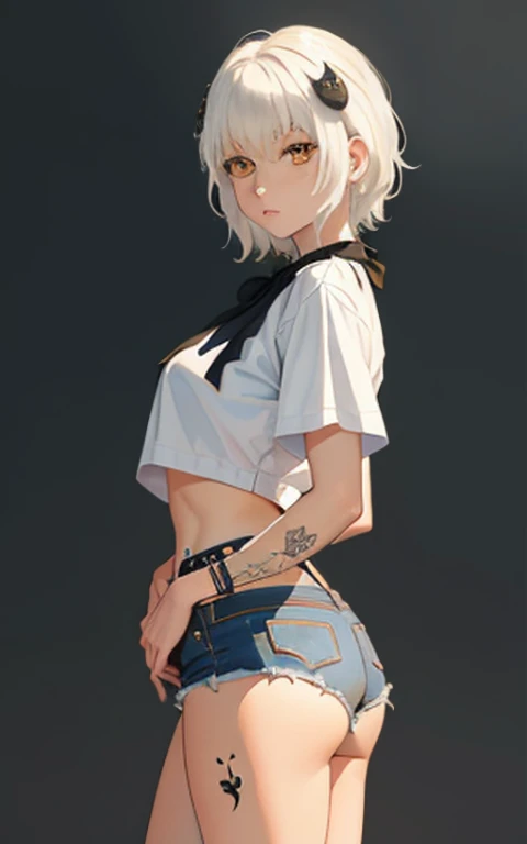 masterpiece, short shorts, masterpiece, best quality, highres, dark persona, watercolor painting theme, (looking at the viewer: 1.1), wide hips, big ass, standing, bent, tojou koneko, yellow eyes, white hair, short hair, hair ornament, white shirt, black r...