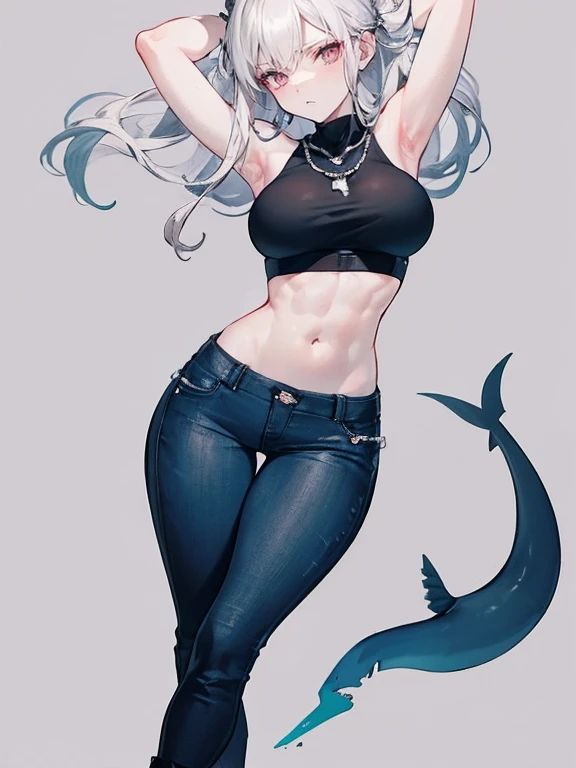 pale human skin, Shark skin is two-tone, the upper part is the same color as the hair and the lower part is light gray, toned physique, full-sized fin on the upper back and short fins on the lower arms, the shark&#39;s long tail from its lower back.

traje...