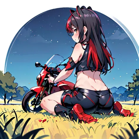 arte por dagasi,(best quality,4k,altas,master part:1.2), (back view:1.3), (hairy girl sitting on a motorcycle in a field at nigh...