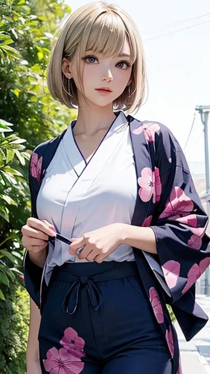 In the summer of Japan, August 2 is Pants Day, Beautiful girl enjoying a hot summer day wearing only panties.
She has a side-cut layered bob hairstyle, Blonde hair color with pink inner color. She has beautiful sparkling purple eye color, break
masterpiece...