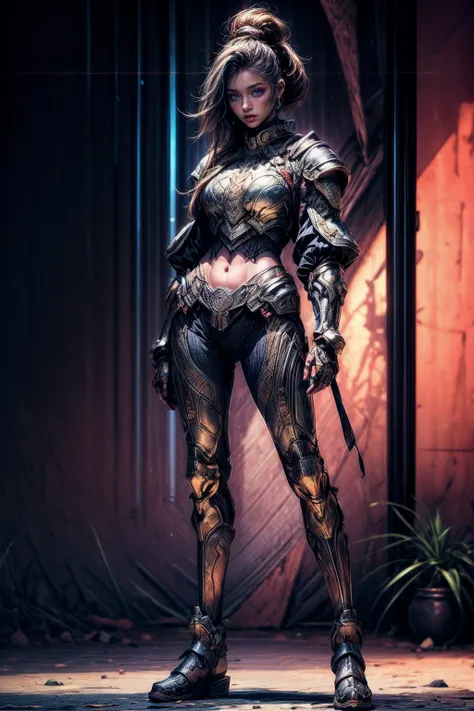 A powerful and noble warrior, wearing a majestic armor, standing tall and confident in a beautiful garden scene. The warrior exudes strength and leadership with a commanding presence. The armor is intricately detailed, with shining metallic surfaces reflec...