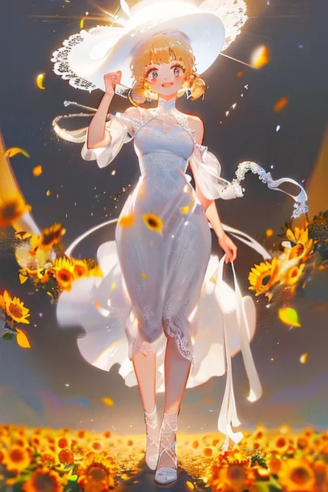 fuwa aika,1girl,solo, (White lace dress:1.2),flowing dress (sun visor hat:1.2), Sunflower field, under the sunlight, light smile,looking at viewer, wind, dynamic, strong light and shadow,dynamic pose,