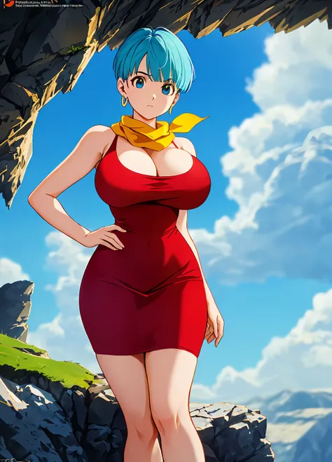 masterpiece, best quality, highest quality, (perfect lighting), (photorealistic), perfect anatomy, perfect face, perfect eyes, 
 bulmadbzreddress, aquamarine hair, short hair, blue eyes, earrings, red dress, yellow scarf, blue sky, clouds, on a cliff looki...