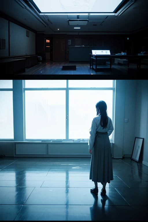 Fed official stands in dark room looking out window, 电影灯光《Atil, ethereal stills, screenshots from movies, Still in the movie, Still in the movie, cinematic Film still from, movie frame still, Still from music videos, Art House Film Aesthetics, Still from a...