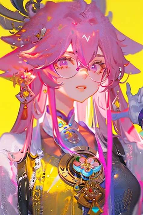 yae miko wearing trendy yellow sunglasses, yellow background, pink hair, purple eyes