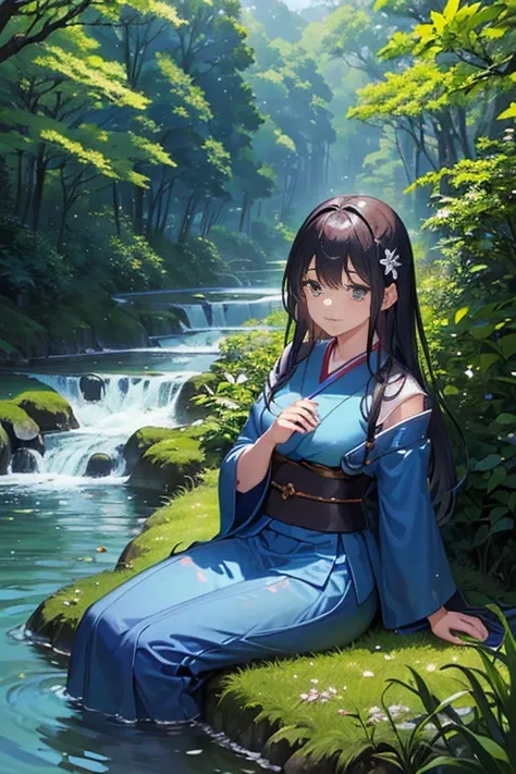 (a girl, a beautiful girl, a girl in a garden, a girl in a blue dress), (lush green forest, dense forest, Japanese forest), (river flowing through, river running throueautiful scenery, breathtaking view), (captured from a nature documentary, still from a n...