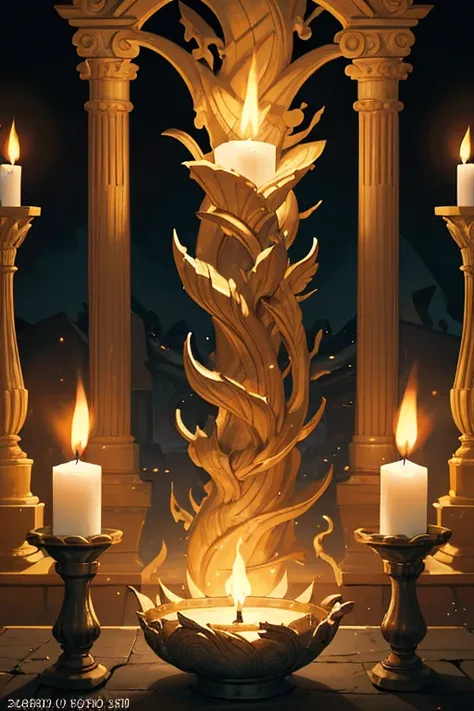 Close-up of lit candle in stone bowl, Temple sacrificial scene submerged in water, , flame spell, From the wizard (2021), Mysteries from Netflix, still from loki ( 2 0 2 1 ), home wicca scene, taken from movie, Still from a fantasy movie, Detailed cinemati...