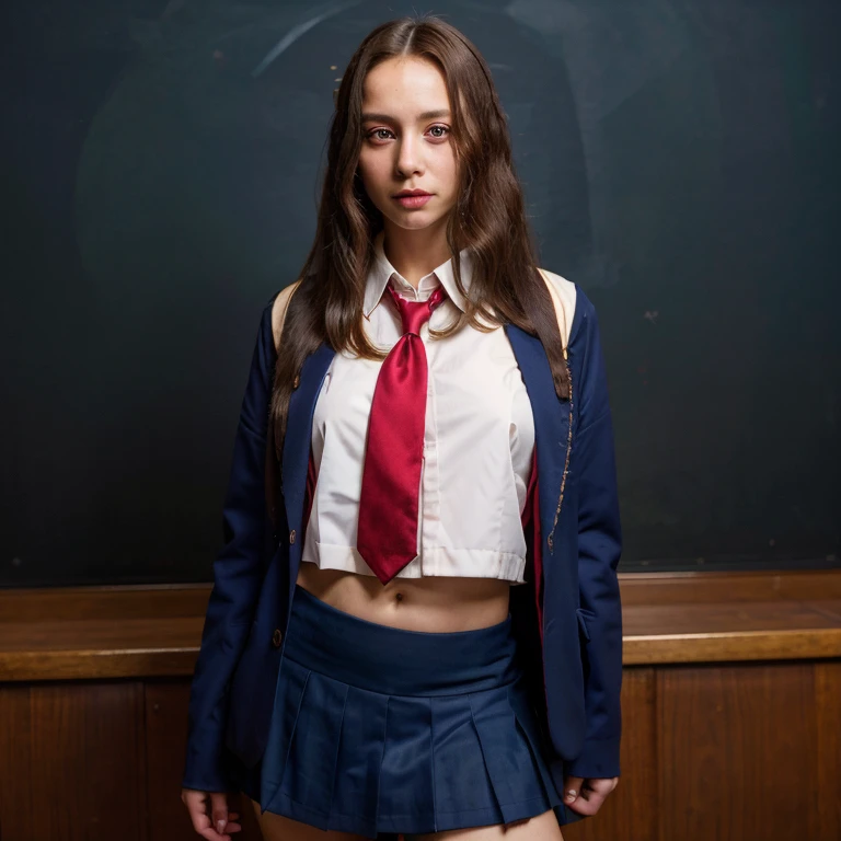 a sexy student wearing a short skirt,traditional school uniform,long hair,fashionable outfit,confident expression,high-quality colors and details,professional portrait lighting,portrait photography style,slightly dark and moody tones