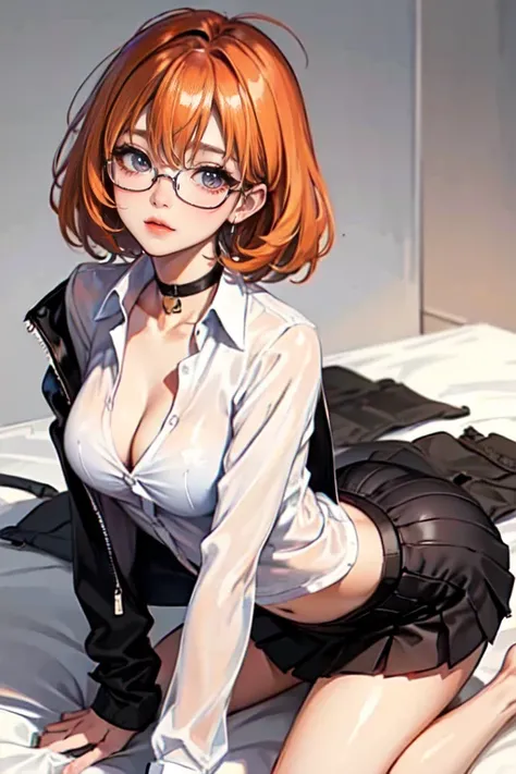 masutepiece , 1girl in ,   Background  , Orange hair , hair between eye , sleepy eye , sleepy  , bobhair , Choker , eye glasses、See-through shirt , An unbuttoned shirt doesn&#39;t interfere with your breasts, Open jacket , hair messy , medium breasts⁩ , Bi...