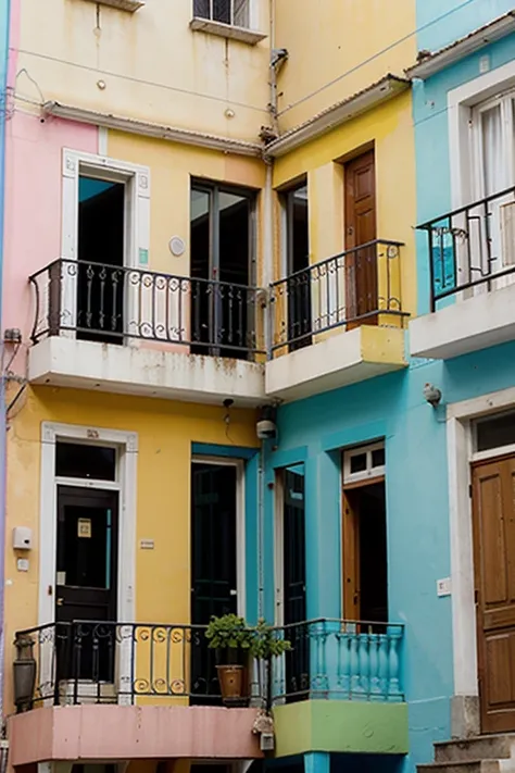 Building with balcony and balconies on a corner., Edificios de colores brillantes, Edificio coloridos, Casa coloridas, Casa colorida, Arquitectura colorida, Coloridas caparisons, Edificio colorido, Detalles y colores vivos, Colores pastel vibrantes, colore...