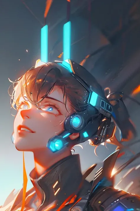 masterpiece,  best quality, , (solo), 1girl, look up, dim light, , Horizon_(apex legends), goggles, blue eyes, brown hair, gauntlets, shoulder armor,  headwear, (freckles:0.5), , (science_fiction), outdoors, street, neon lights, cyberpunk,