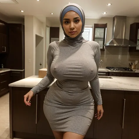 Housewife, hijab, tight dress, big tits, visible nipples, beautiful woman, wide hips