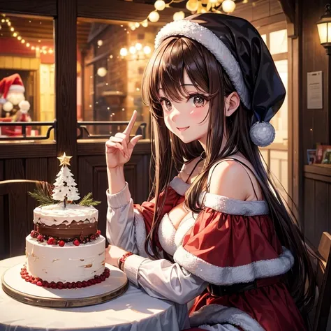 animesque、a beauty girl、Christmas、santa 、a cake、profile、Brown hair、Black eyes glow、a smile、