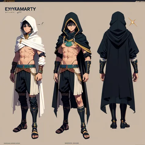 Concept art, fullbody, egyptian mercenary, young boy, hood, nerd, weak