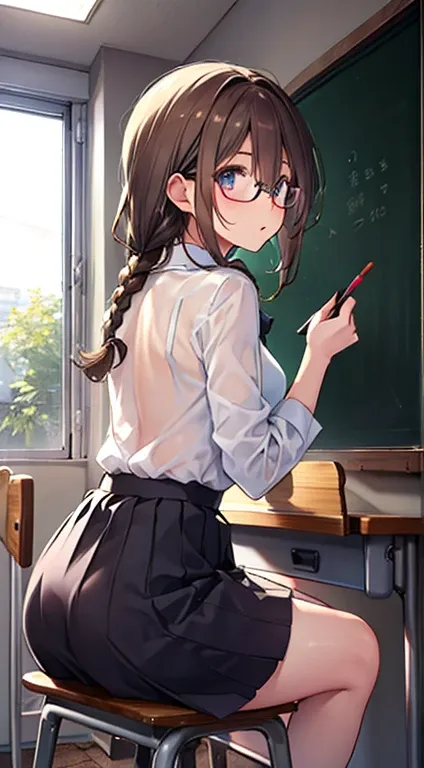 braids、brown hair、eye glasses、girl system、from directly behind、校服、shirt、skirt by the、see-through bra、‎classroom、chalk board、視線はc...