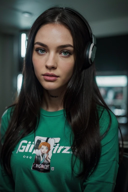 a woman with long black hair and green eyes gaming and playing at a PlayStation eating chips wearing headset in cute Onezie, with green eyes, with stunning green eyes, keine Falten, Modelgesicht wie Megan Fox, big lips, Ultrarealistische digitale Malerei, ...