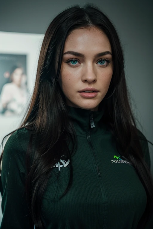 a woman with long black hair and green eyes gaming and playing at a PlayStation eating chips wearing headset in cute Onezie, with green eyes, with stunning green eyes, keine Falten, Modelgesicht wie Megan Fox, big lips, Ultrarealistische digitale Malerei, ...