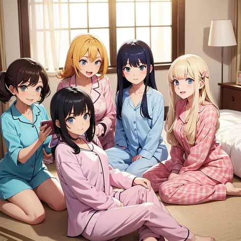 Anime style image of a large group of girls in pajamas in a room