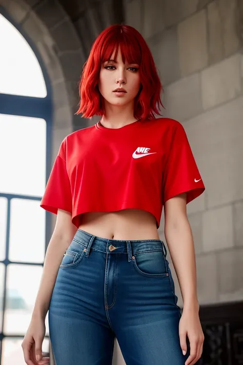 dresed nike shirt with blue jeans, french bob hair, red hair, in istanbul (best quality) (detailed) (8k) (HDR) (cinematic lighting) (sharp focus) (intricate) (realistic)