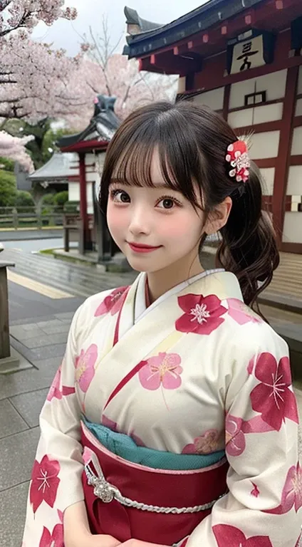 (hightquality、​masterpiece、ultra res、Taken in long shot),in 8K, (japanese beauty girl(Clear eyes:1.3)、Very young girl、A girl with a cute smile、 10-year-old female model(Super cute face in idol style:1.2))、(Hairstyle in a ponytail, Bangs are snappy)、(The ar...