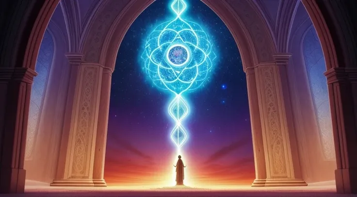 Be inspired by the majestic narrative of Creation! Crie uma imagem realista que retrate o poderoso ato divino de formar o mundo a partir do caos primordial. Crie uma imagem inspiradora com a seguinte frase: &#39;Meditation is the door to encountering the d...