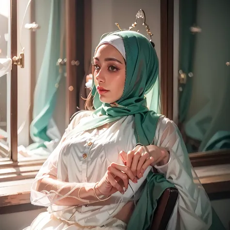 woman wearing a hijab sitting in a chair in front of a window, hijab, inspired by nazmi ziya güran,  beautiful aesthetic, gorgeo...