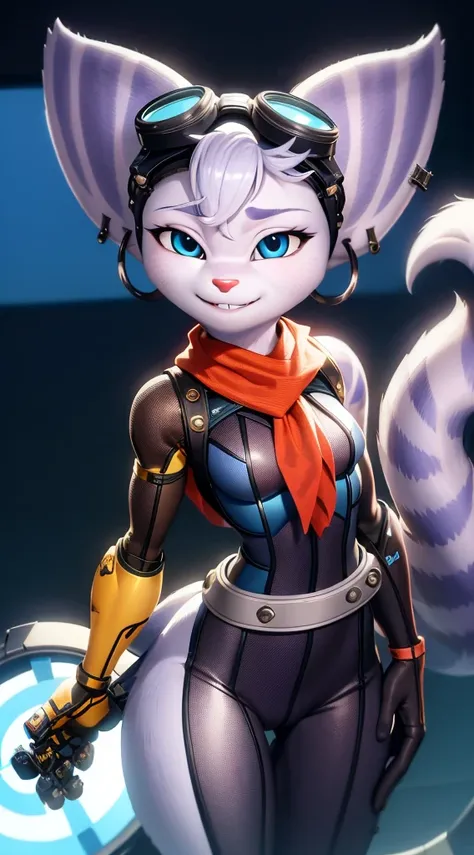 furry,rivetlombax,blue eyes,animal ears,earrings,goggles on head,bangs,mechanical arms,scarf,bodysuit,belt,tail,forest,smile,