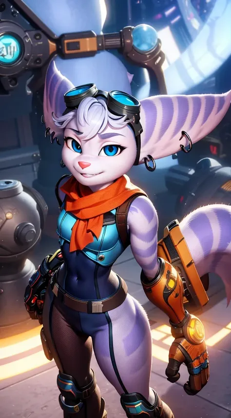 furry,rivetlombax,blue eyes,animal ears,earrings,goggles on head,bangs,mechanical arms,scarf,bodysuit,belt,tail,forest,smile,