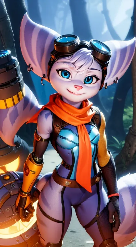 furry,rivetlombax,blue eyes,animal ears,earrings,goggles on head,bangs,mechanical arms,scarf,bodysuit,belt,tail,forest,smile,