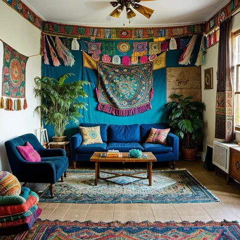 A cozy, bohemian-inspired living room with mismatched furniture and colorful tapestries adorning the walls.