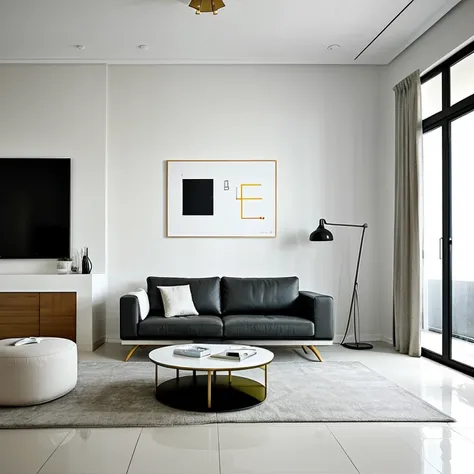 A minimalist living room with clean lines and neutral tones, featuring a statement piece of abstract art on the wall.