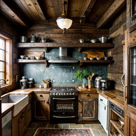 A cozy and rustic kitchen, with warm wooden accents and a humble charm. The walls are adorned with vintage cooking utensils and the smell of freshly baked bread fills the air.