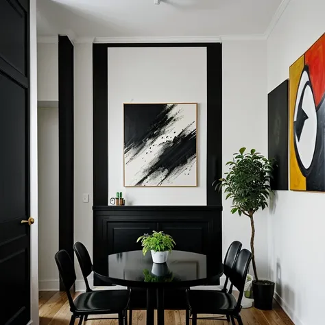 A minimalist dining room with a humble touch, featuring a sleek black table and chairs, accented by a single potted plant and a large abstract painting on the wall.