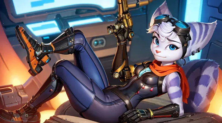 furry,rivetlombax,blue eyes,animal ears,earrings,goggles on head,bangs,mechanical arms,scarf,bodysuit,belt,tail,forest,smile,