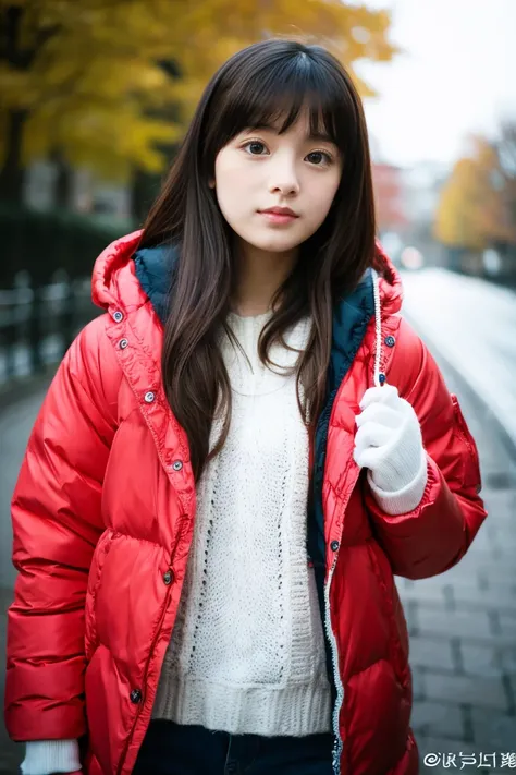 Beautiful girl wearing a down parka、18year old、