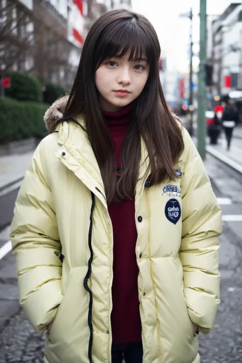 Beautiful girl wearing a down parka、18year old、