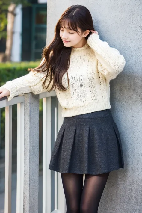 Beautiful girl wearing a down parka、18year old、Knitted skirt、knit tights、