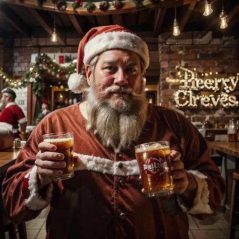 santa clause,wearing santa suit,fat, jolly,drinking beer, at brewery,sign "silver lake brewery project",christmas tree,to all a ...