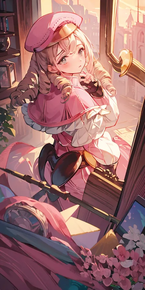 masterpiece, best quality, feforrest, otoko no ko, beret, pink capelet, pink tunic, white pants, brown gloves, upper body, looking at viewer, shy, from above, mansion, room, finely decorated room, pink theme