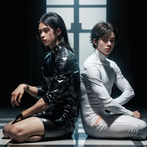 2boys, empty background, chessboard floor, human chess, checkmate, black pawn castrates white king, boys in skintight bodysuits representing their respective chesspieces