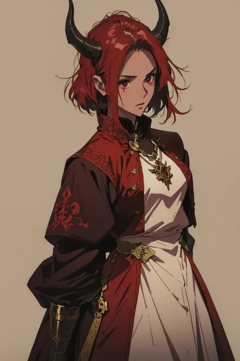 Make a young half demon woman child with dark red skin with horns and simple medieval fantasy style clothing