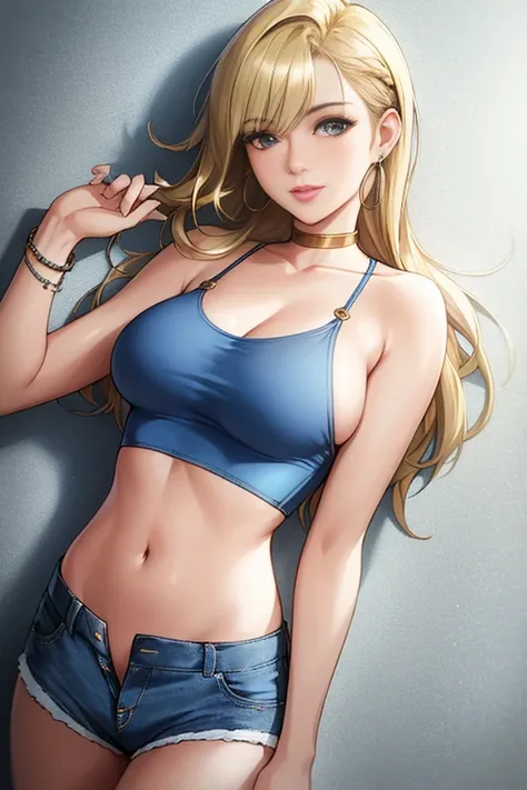 neocoill,  masterpiece, best quality, 1girl, solo, breasts, underboob, shorts, denim, earrings, blonde hair, jewelry, denim shorts, midriff, realistic, long hair, crop top, medium breasts, hoop earrings, short shorts, navel, lips, blue shorts