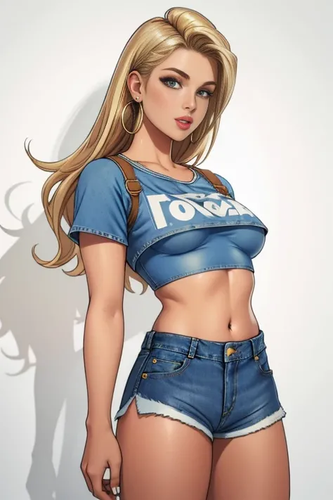 neocoill,  masterpiece, best quality, 1girl, solo, breasts, underboob, shorts, denim, earrings, blonde hair, jewelry, denim shorts, midriff, realistic, long hair, crop top, medium breasts, hoop earrings, short shorts, navel, lips, blue shorts