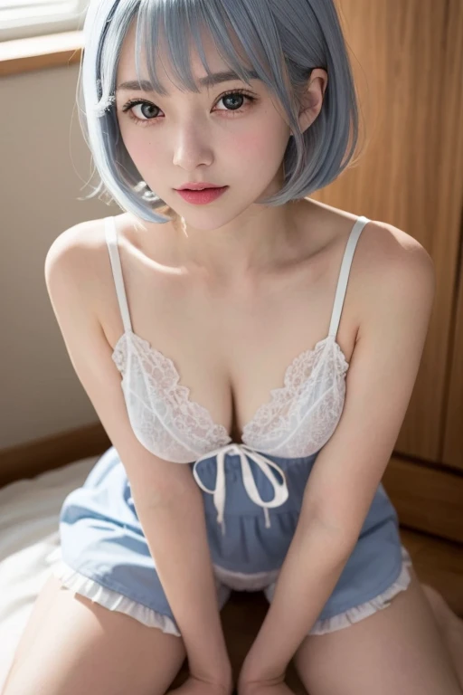 She looks down at the kotara and shows her shaved genitals, inviting her to have sex.、Rei Ayanami、face perfect、Very young but very beautiful、light blue wig、 Fair-skinned and delicate 18-year-old、small tit、Looking at the camera、Sexy maid outfit with cute fr...