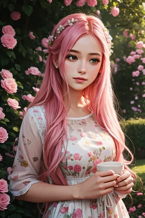 Una chica con el pelo rosado,Ultra detallado,realista:1.37,vivid colors,Retratos,soft warm lighting,Quiet garden,Entorno floral,gentle breeze,pinceladas finas,dreamy atmosphere